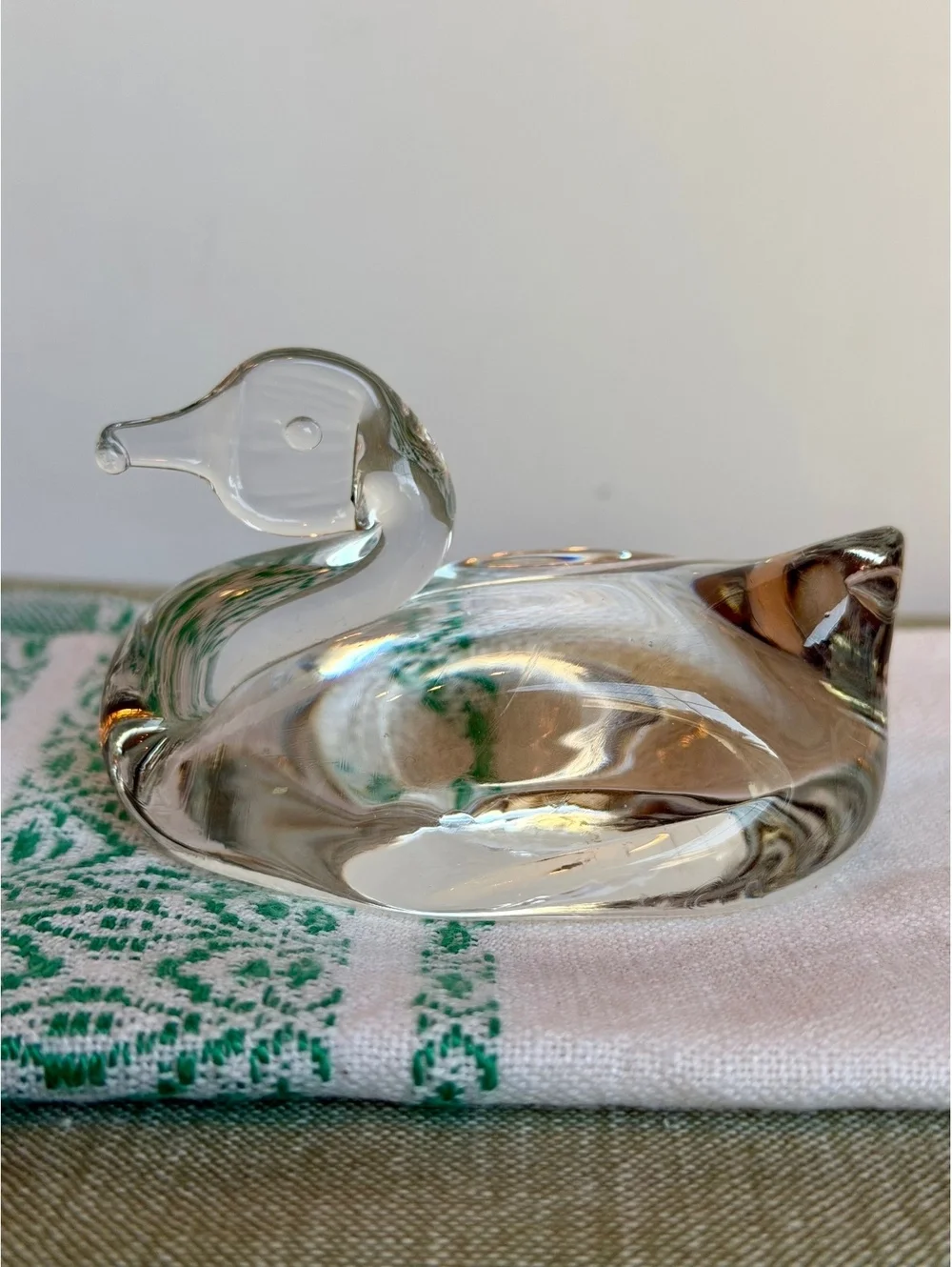 Vintage Clear Art Glass Swan Figurine Paperweight Hand Blown Glass Bird Decor